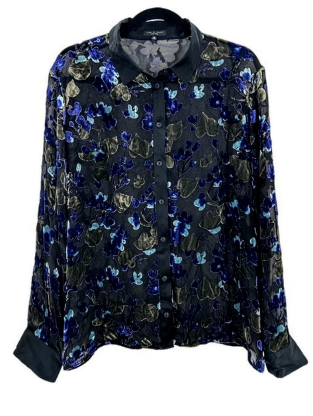 🆕💙RAG & BONE "GIGI" BLACK SILK BLEND SHEER BLOUSE BLUE FLORAL VELVET BURNOUT - Picture 2 of 13